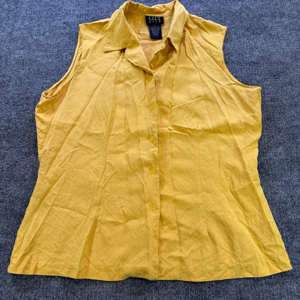 City Silk Womens XL Yellow 100% Silk Sleeveless Button Up Blouse Top